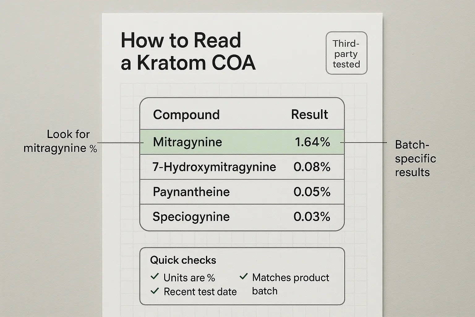 Don’t guess potency—verify it. A COA should clearly show the "Mitragynine" line and the exact percent (here, "1.64%"), plus batch and date checks for confidence.