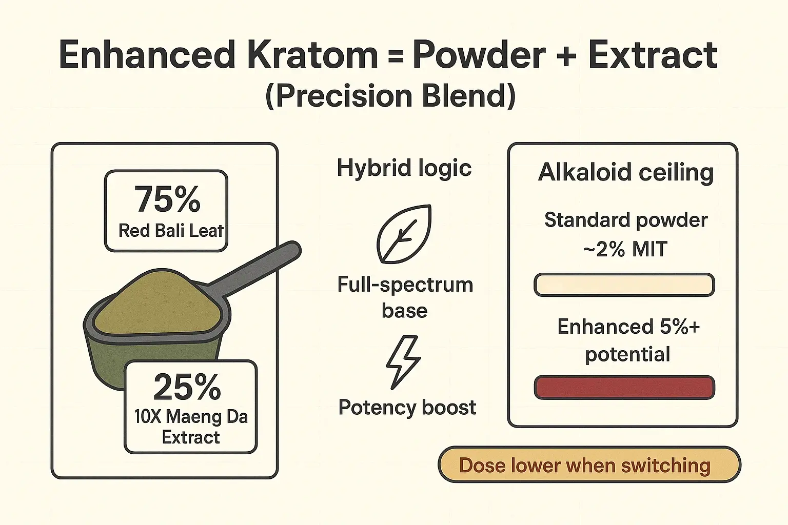 A true enhanced powder is a precision hybrid: mostly full-spectrum leaf with a measured extract boost—designed to raise the alkaloid ceiling without going full extract.
