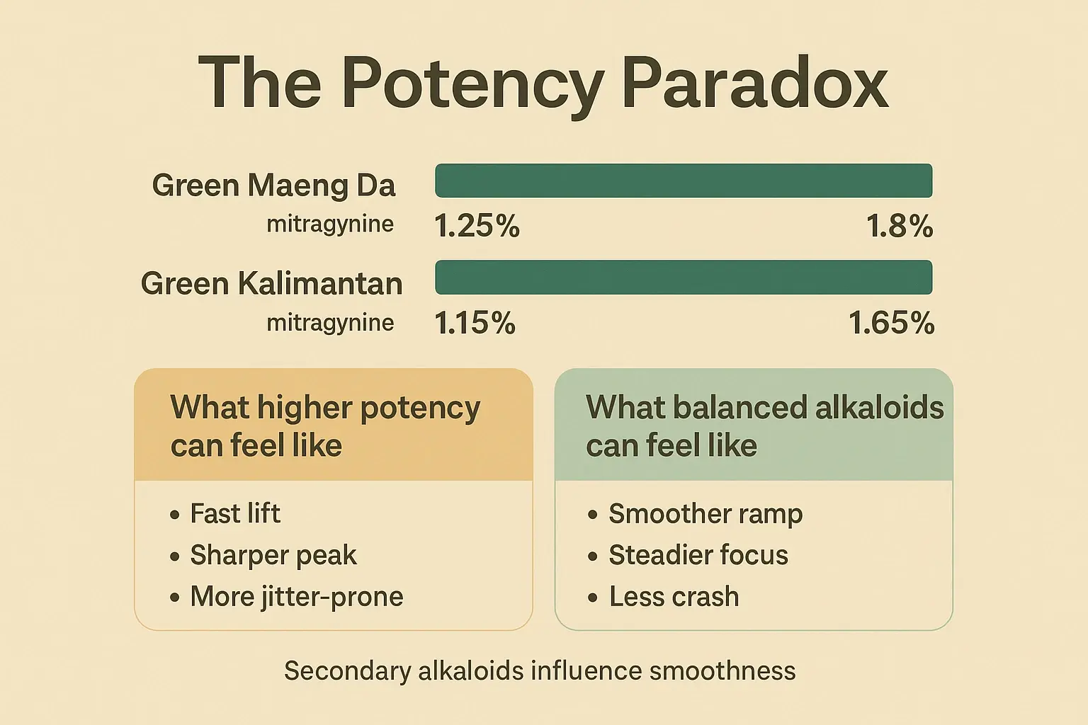 Potency is only part of the story. This visual connects mitragynine ranges to the user-reported difference between a sharper peak and a steadier, smoother workday profile.