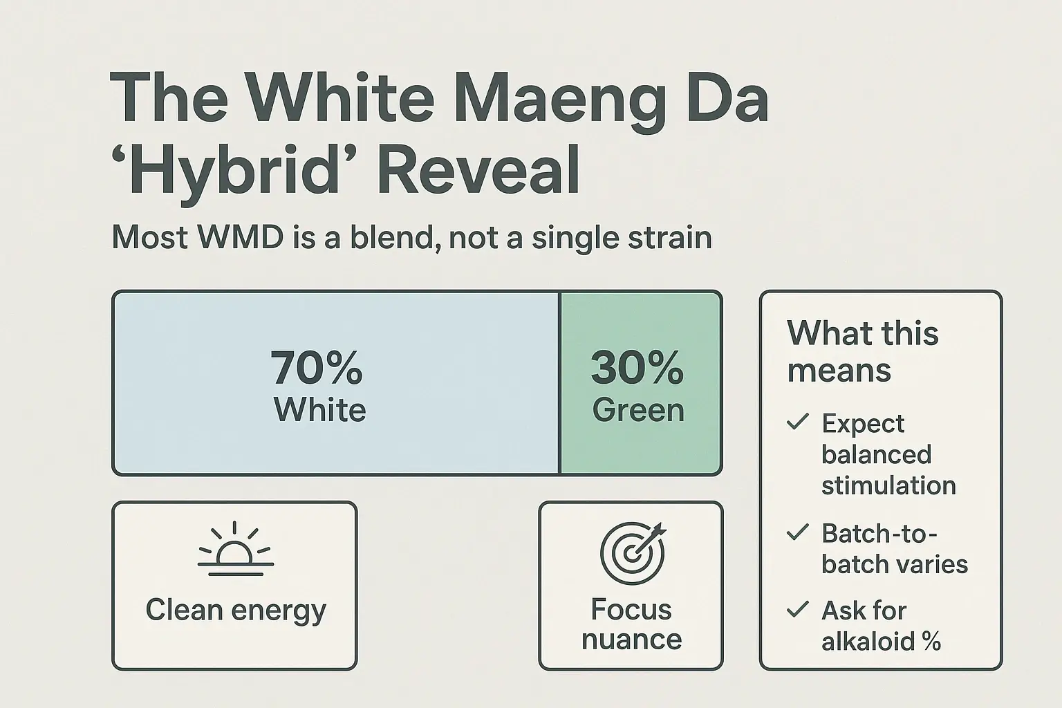 White Maeng Da is often a purposeful blend. Understanding the 70/30 mix helps you judge effects and compare batches beyond the strain name.