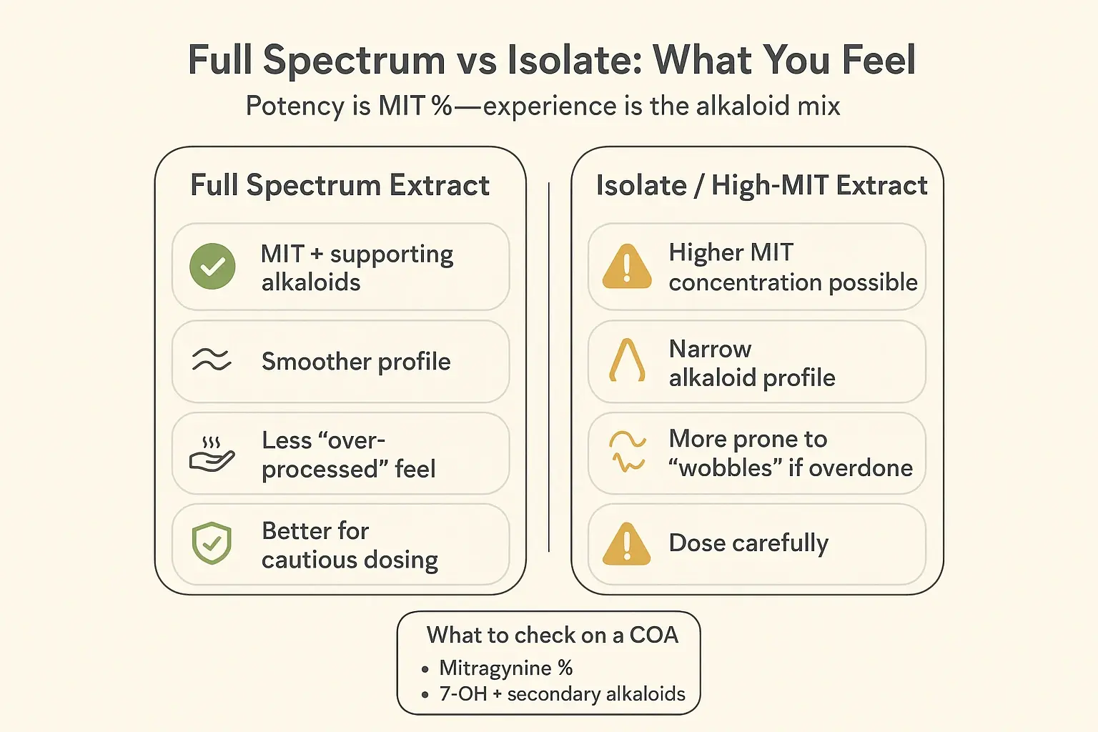 If MIT% explains strength, the alkaloid mix explains how it feels. Use this side-by-side to decide between full spectrum balance and isolate intensity—then verify on a COA.