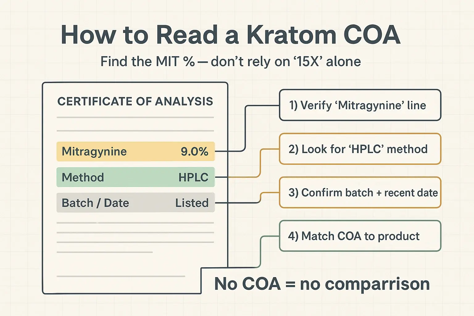 A COA turns marketing into measurable data. Check the mitragynine line, confirm HPLC testing, and match batch/date—so you’re buying verified potency, not a vague “X” promise.