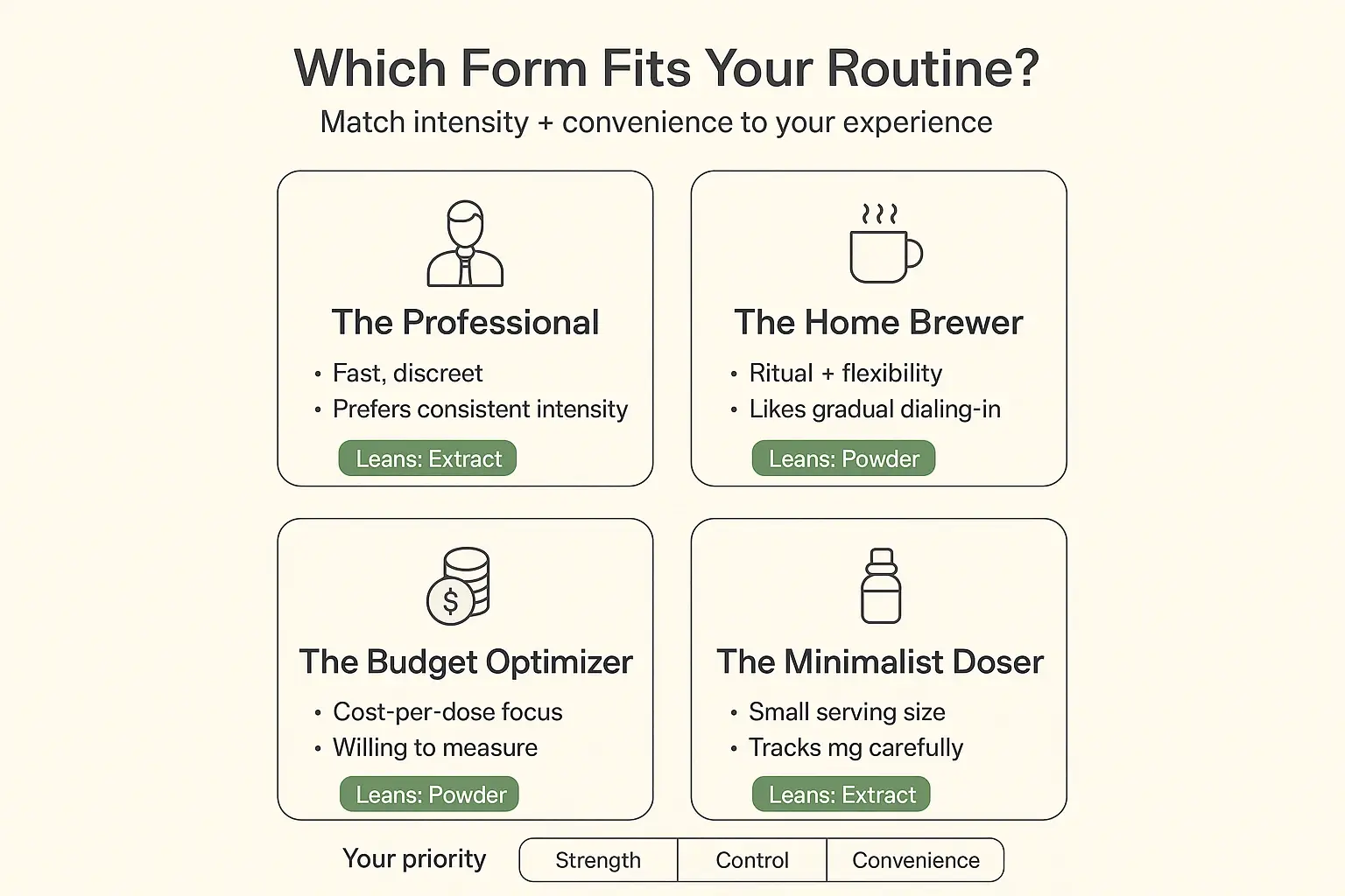 If you’re torn between extracts and powders, match the form to your routine: convenience and intensity vs ritual and flexibility—then confirm with your dosing discipline.
