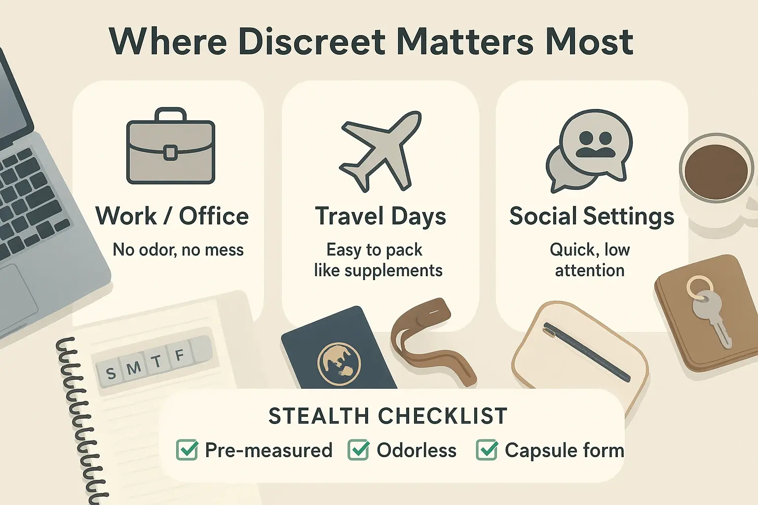 Match the format to the moment: capsules fit office drawers, toiletry kits, and pocket carry—helping users stay consistent without drawing attention.