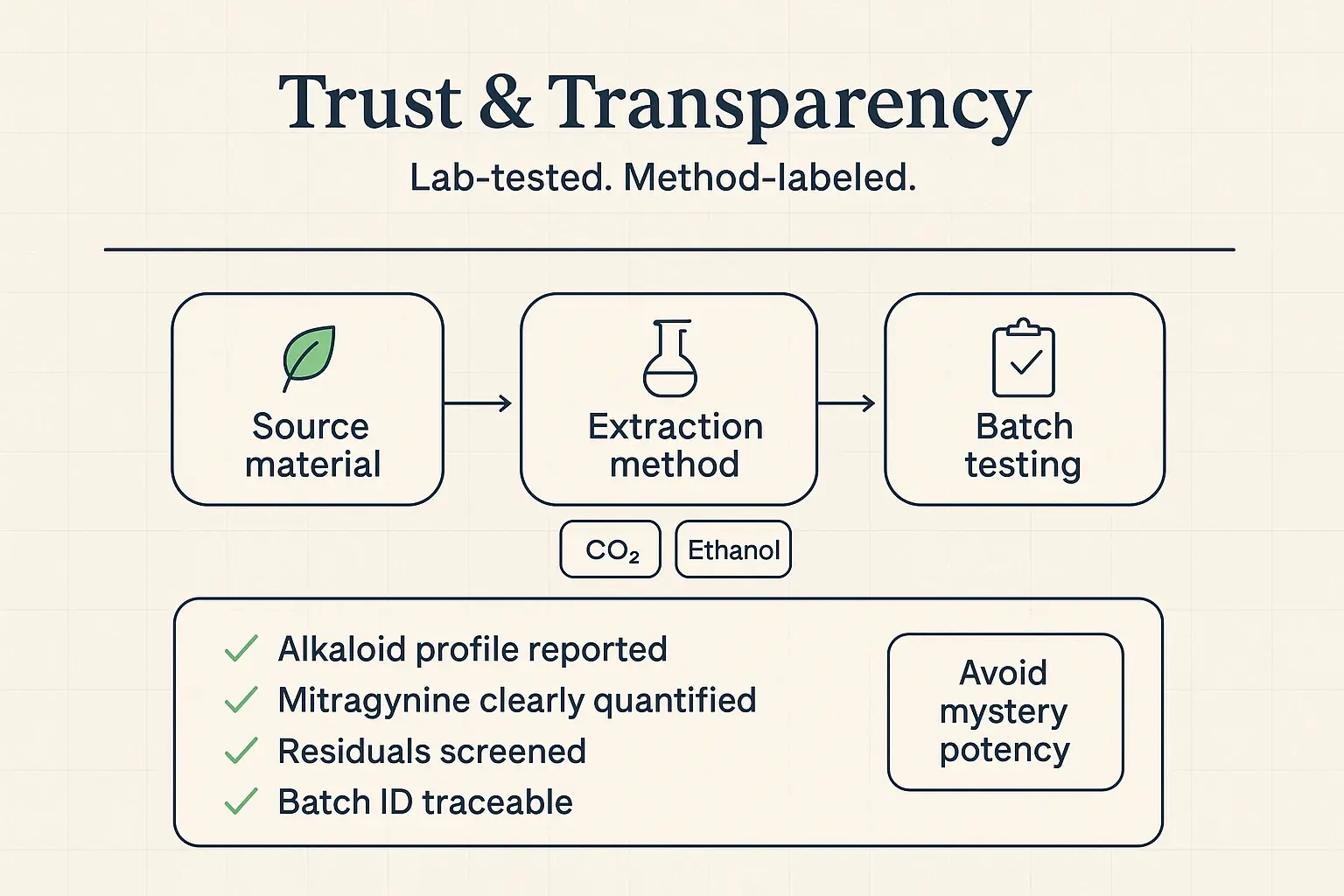 For advanced users, trust is part of potency. Clear method labeling and batch testing make it easier to choose an extract confidently—without relying on hype or mystery ratios.
