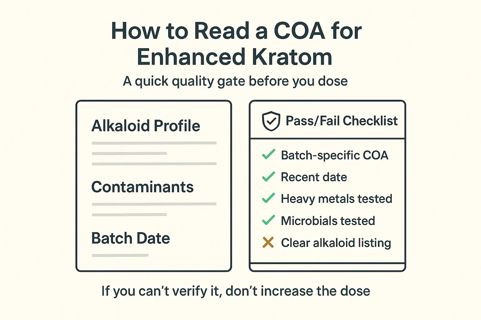 A COA turns potency into something measurable. Use a simple pass/fail checklist—then dose conservatively. If the paperwork is unclear, treat it as a reason to stay lower.
