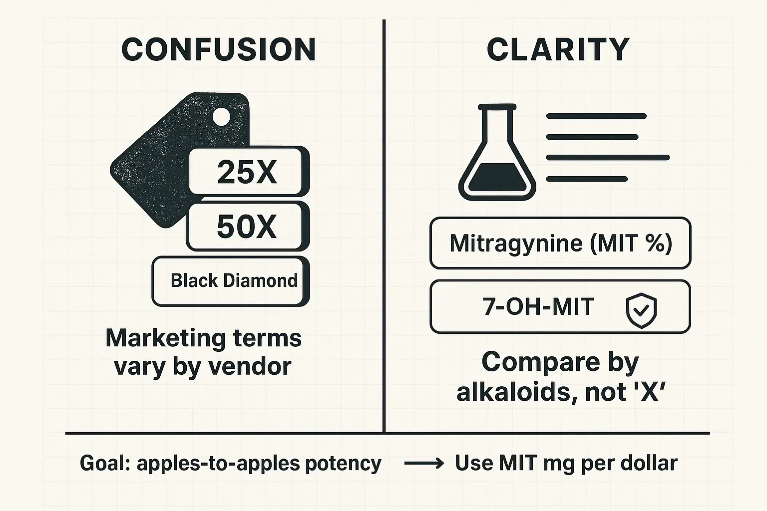 “X” labels aren’t standardized. Real value comes from measurable alkaloids—compare MIT% and 7-OH-MIT instead of marketing terms.