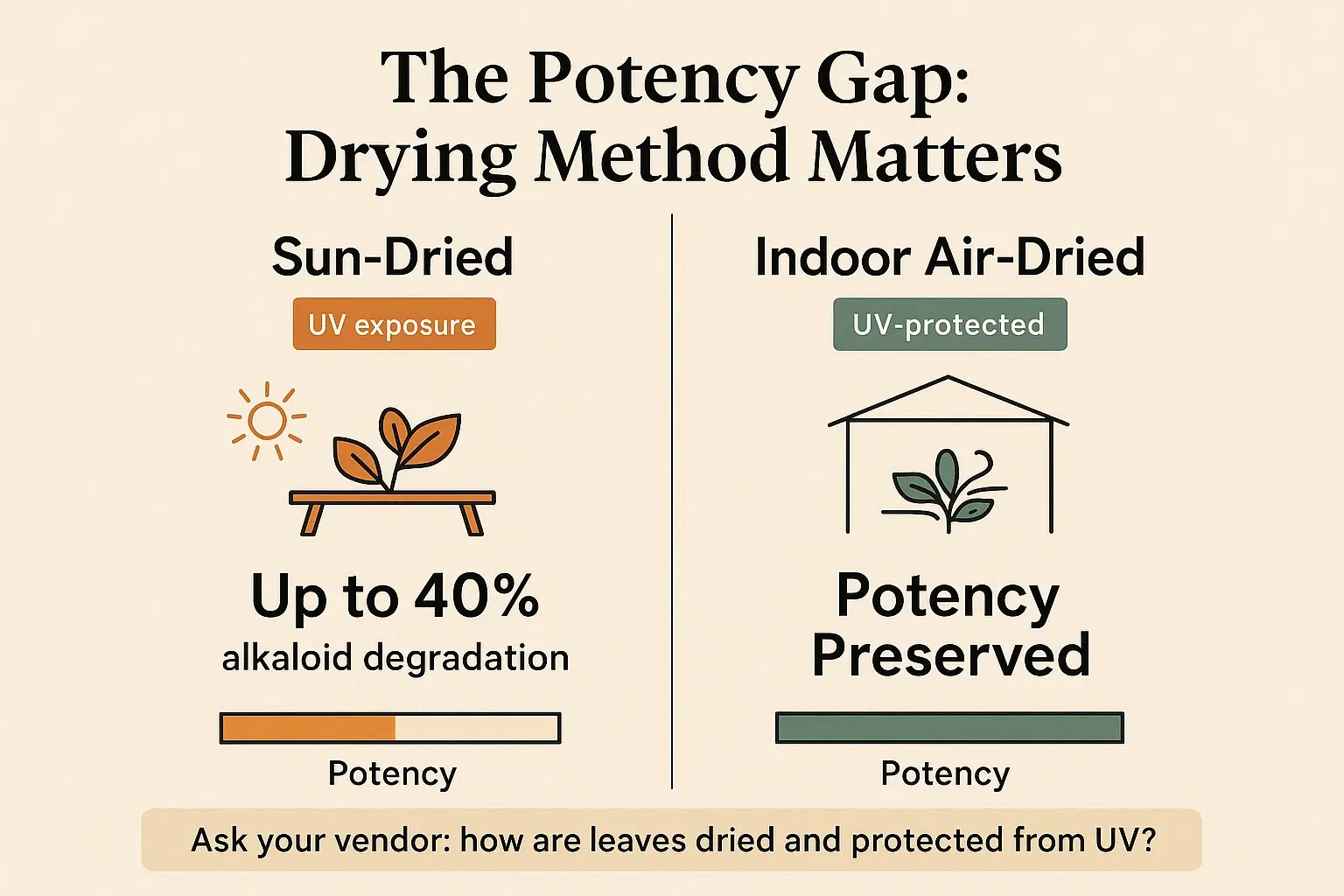 Air-dried isn’t marketing—it’s a potency control. Use the 40% UV degradation risk to pressure-test vendor claims before you buy.