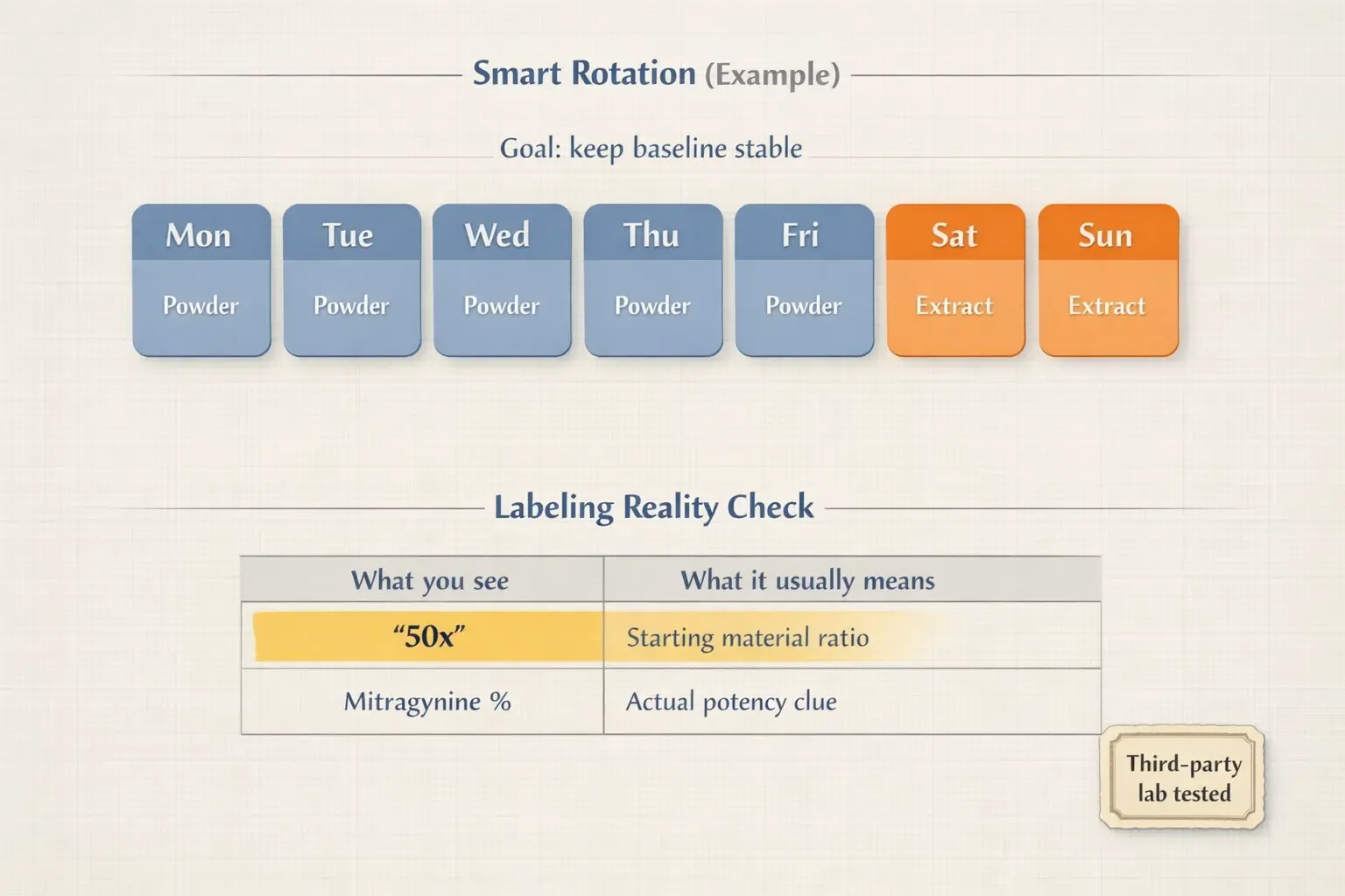 A simple rotation can preserve tolerance and budget: keep powder as the baseline, reserve extracts for specific days, and rely on mitragynine % (with lab tests) over ‘X’ labels.