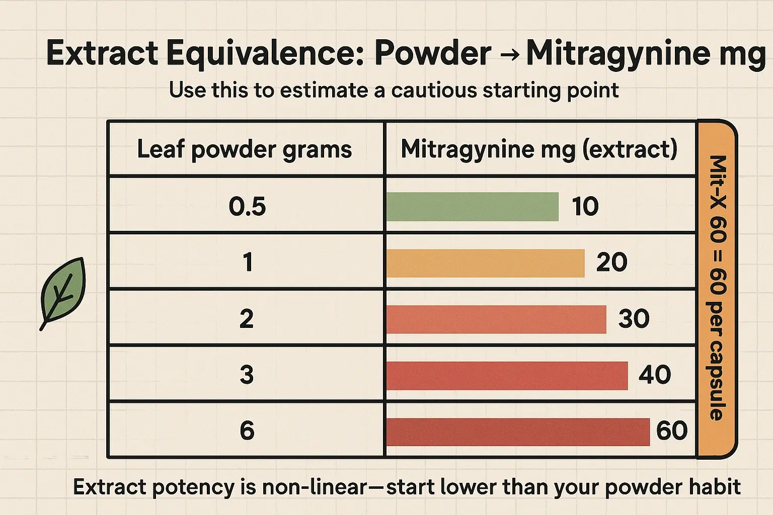 Use this equivalence table to translate your usual powder range into a cautious extract starting point—then treat 60mg capsules as a higher-risk, non-linear jump.