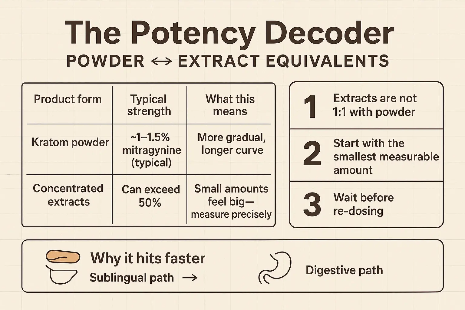 Before switching forms, decode potency. This visual explains why extracts feel stronger and faster—and how to approach equivalency with a careful, measured mindset.