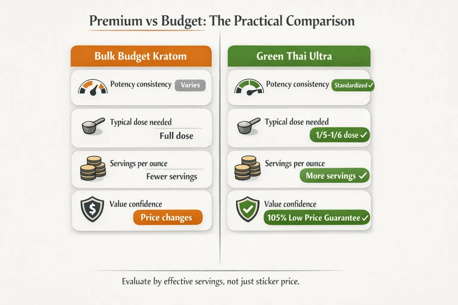 This matrix makes the decision criteria explicit: potency consistency, dose efficiency, servings-per-ounce, and a guarantee that sets a value floor for buyers.