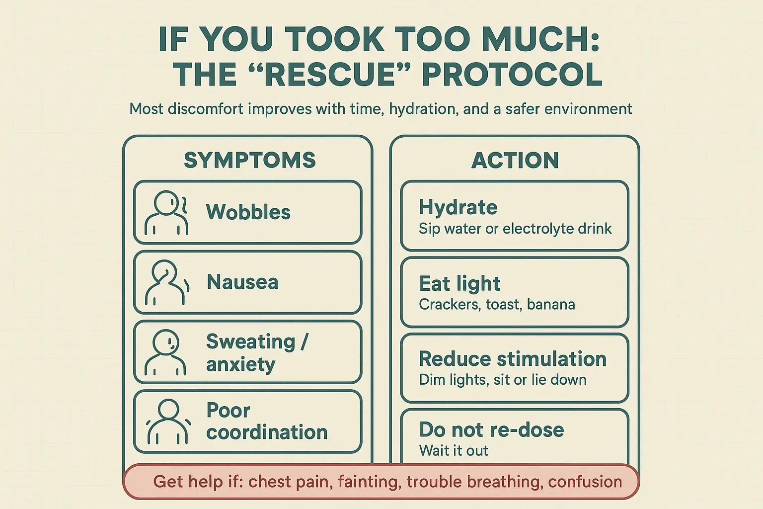 This rescue protocol turns panic into a plan: recognize early signs, hydrate, eat lightly, reduce stimulation, and avoid re-dosing—while knowing when to seek help.