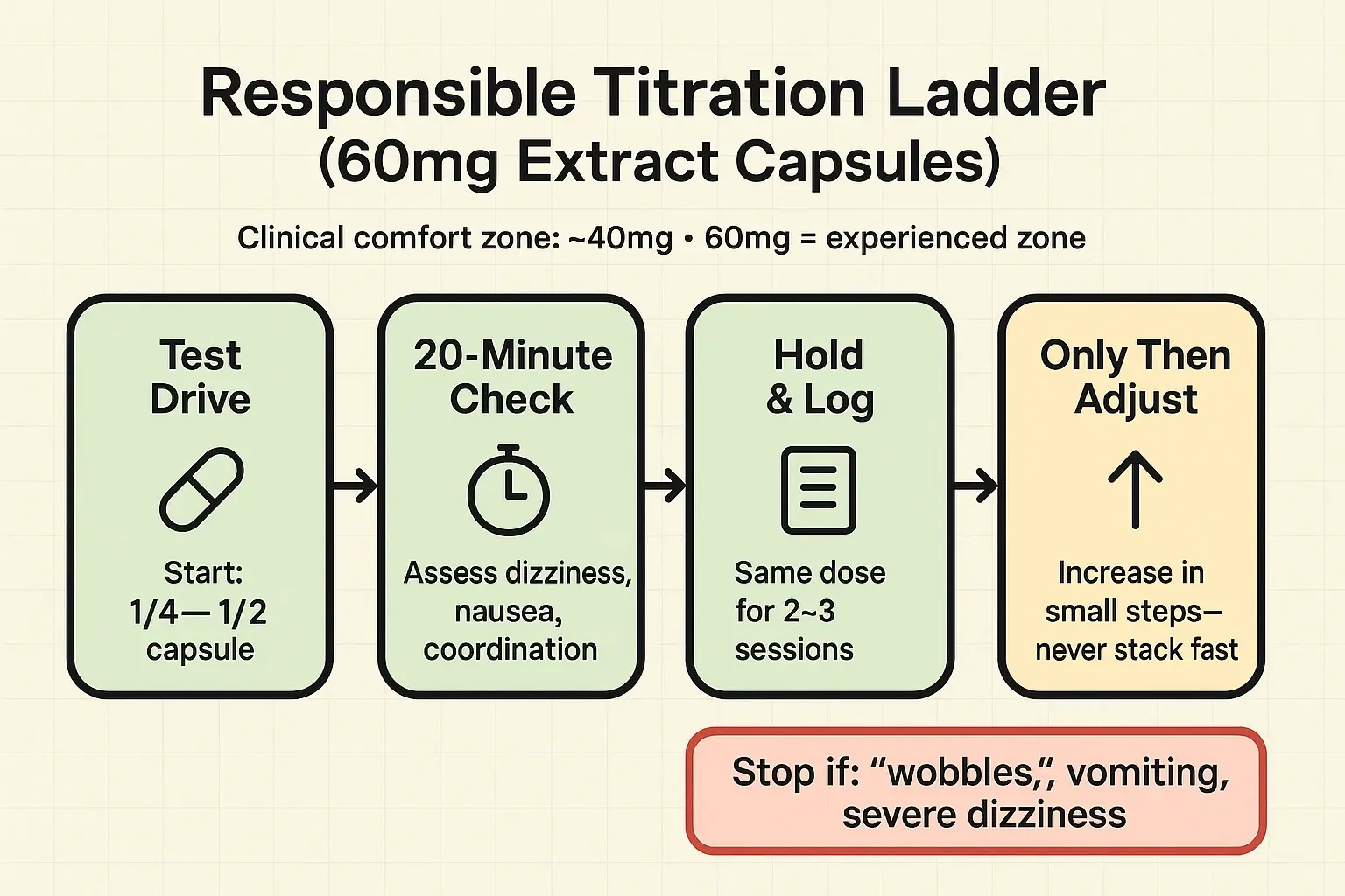 A simple ladder reduces risk: start with a fraction, pause at the 20-minute mark, repeat before adjusting, and use clear “stop” signals to avoid overconsumption.