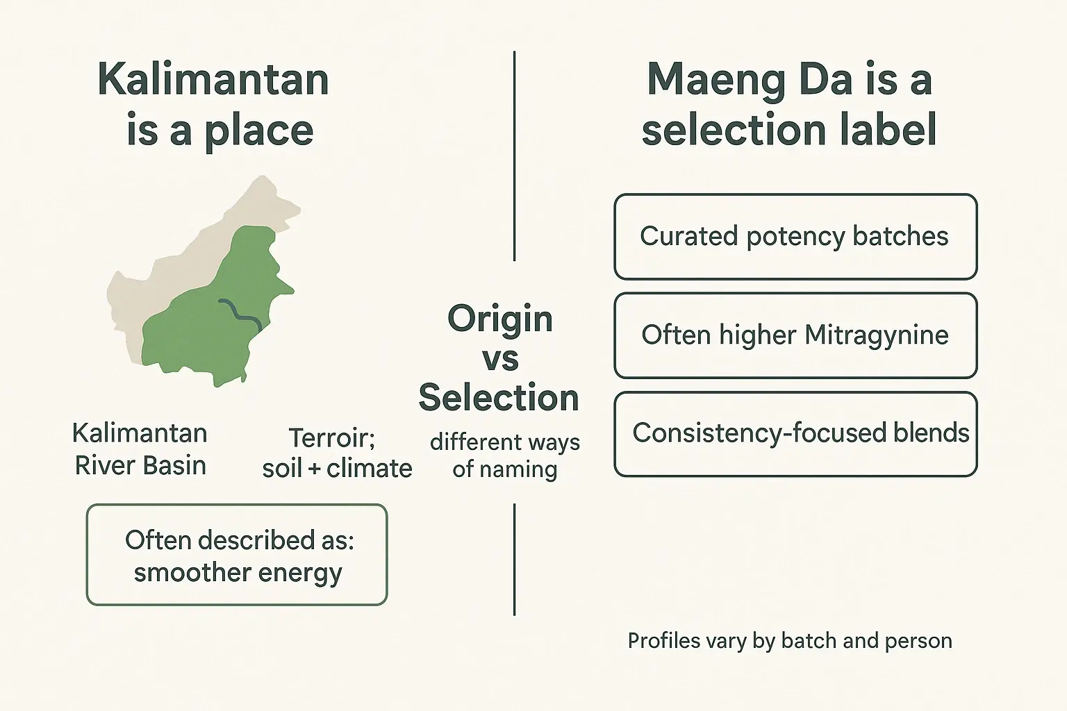 Not all strain names mean the same thing. Kalimantan points to regional growing conditions, while Maeng Da is commonly used as a curated ‘selection’ label for potency and consistency.