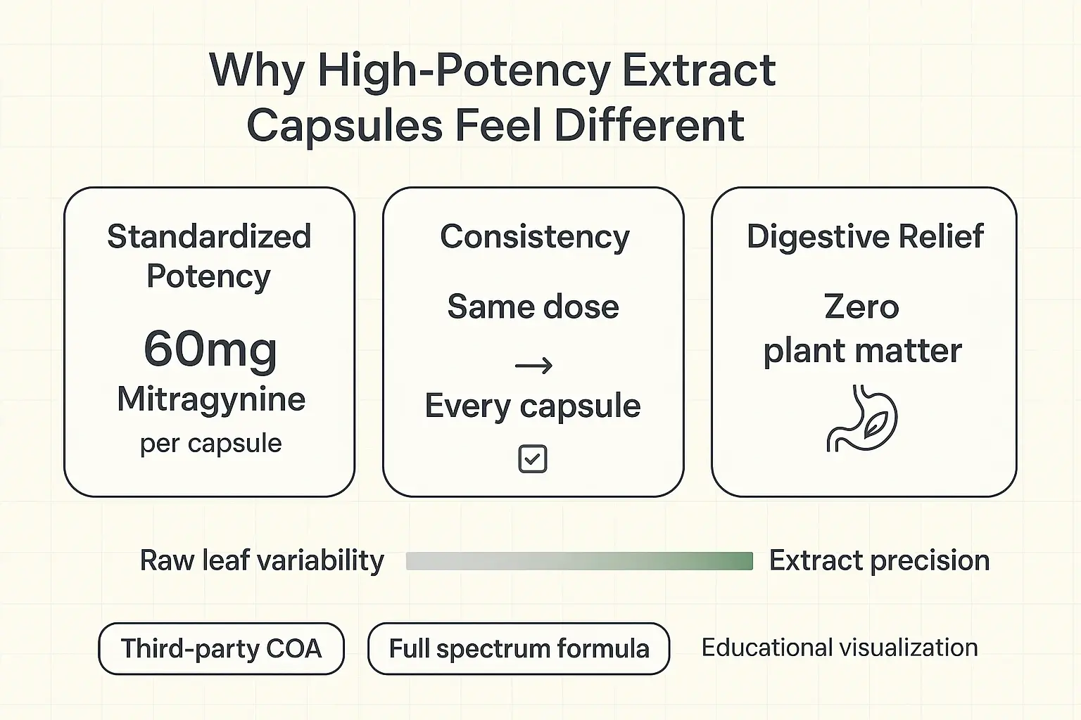 If you want predictable results without the bulk of powder, standardized extract capsules emphasize consistent dosing and easier digestion—two core reasons users switch from raw leaf.
