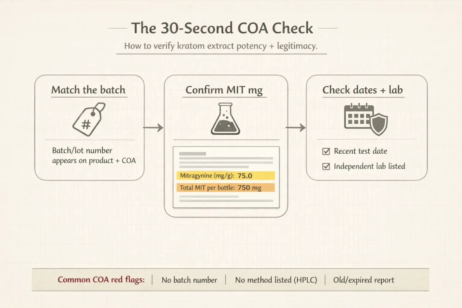 A real COA is traceable and current. If you can’t match the batch, see MIT mg, and verify an independent lab method, treat the extract as a risk.