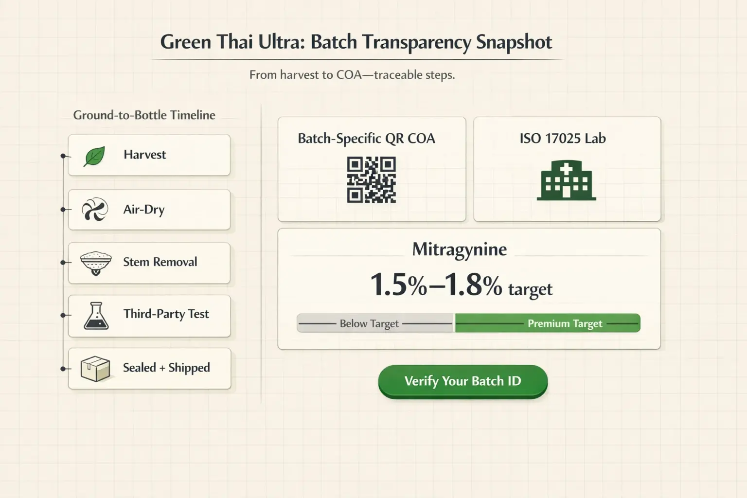 Evaluation-stage proof in one view: trace the process steps, confirm ISO 17025 testing, and verify batch-specific COA access—plus a clear mitragynine benchmark for premium Green Thai.