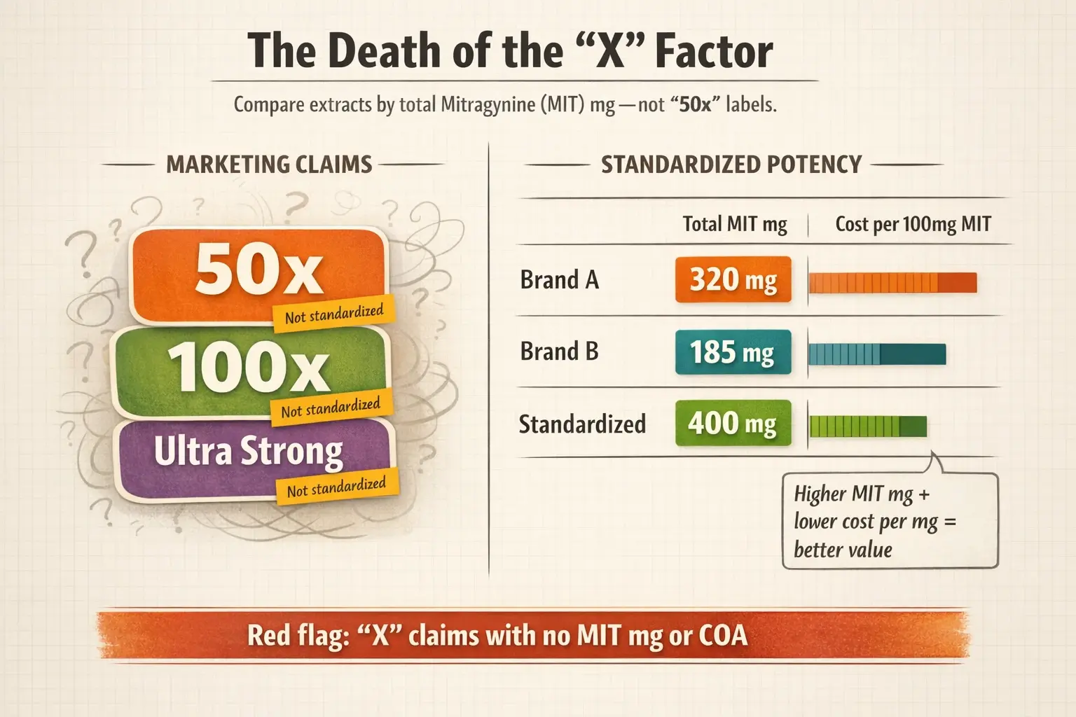 Most “X” labels can’t be compared. Standardize the decision: look for total MIT mg plus a COA, then judge value by cost per 100mg of MIT.