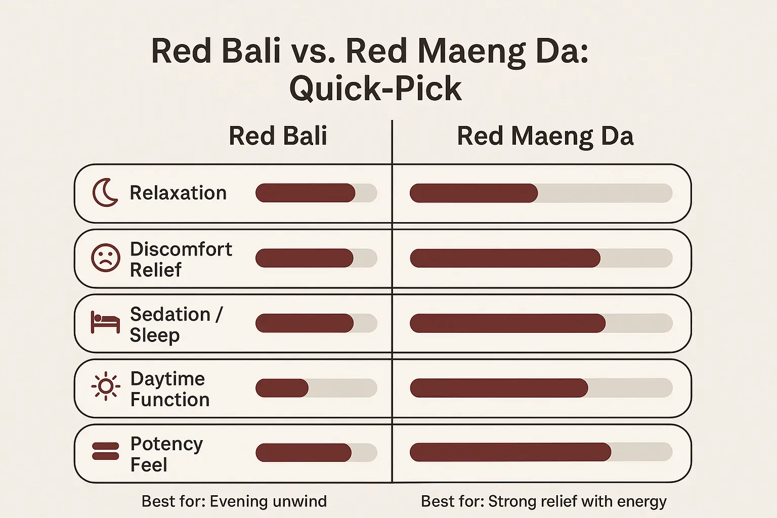 A fast, goal-first snapshot: Red Bali trends more calming and sleep-leaning, while Red Maeng Da leans stronger and more daytime-capable for many users.