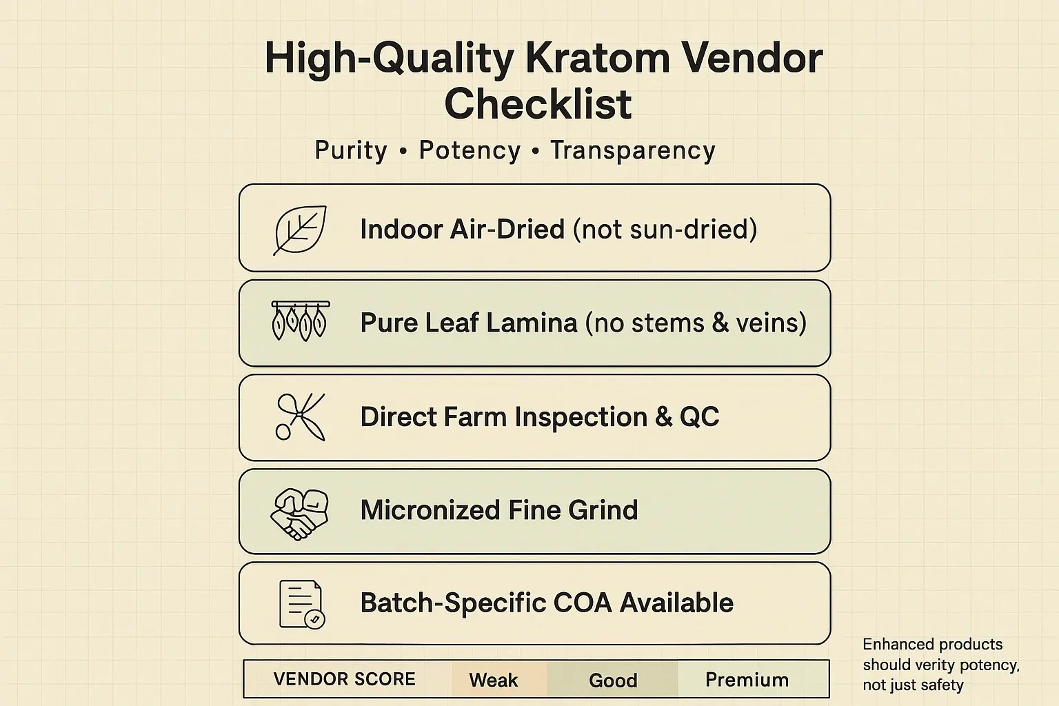 Use this 5-point checklist to quickly separate “certified safe” from truly premium, potent kratom—especially when evaluating enhanced powders.