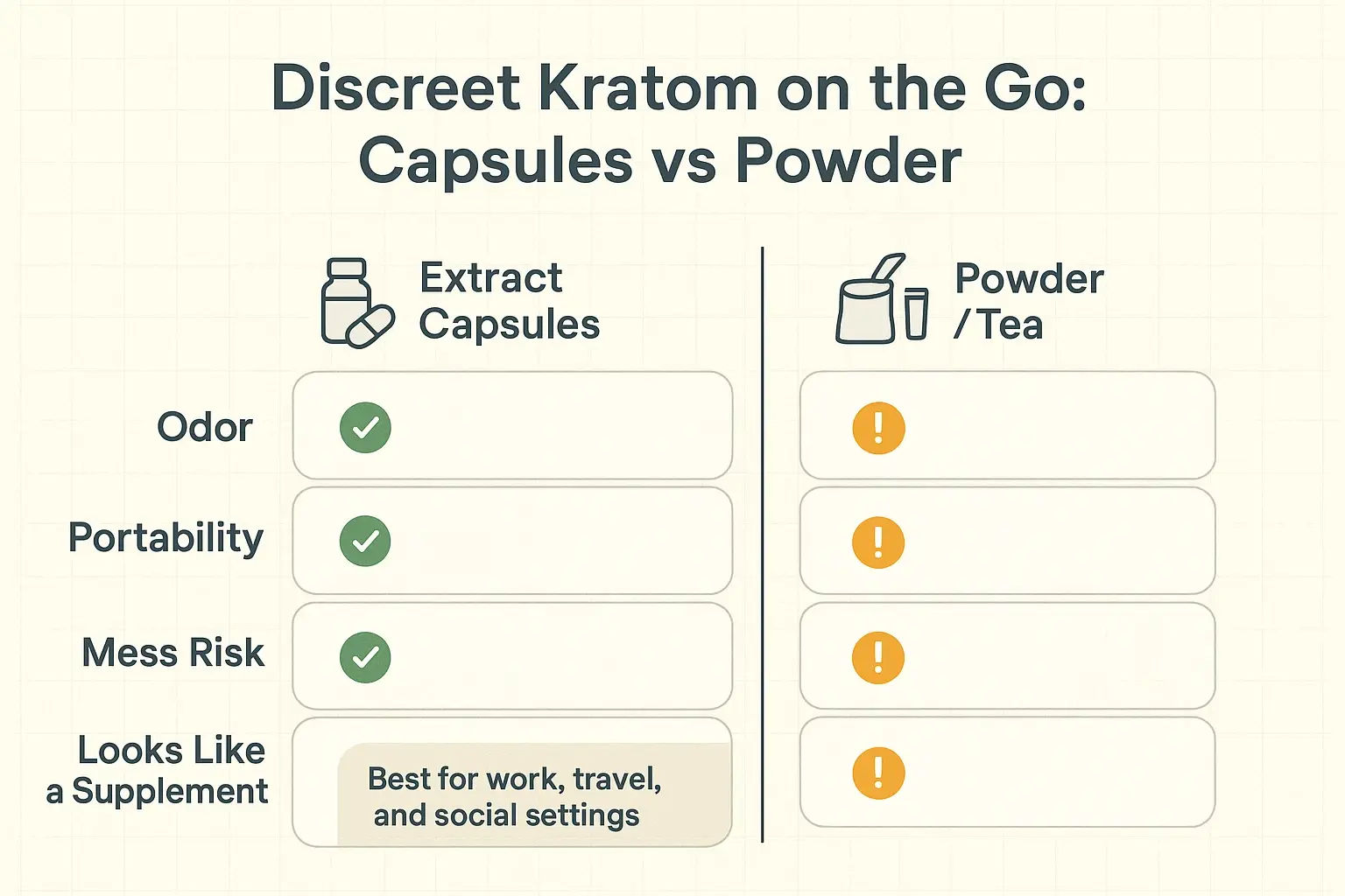 A quick visual check: capsules win on odorless portability and “supplement-like” appearance—key reasons on-the-go users switch from powder.