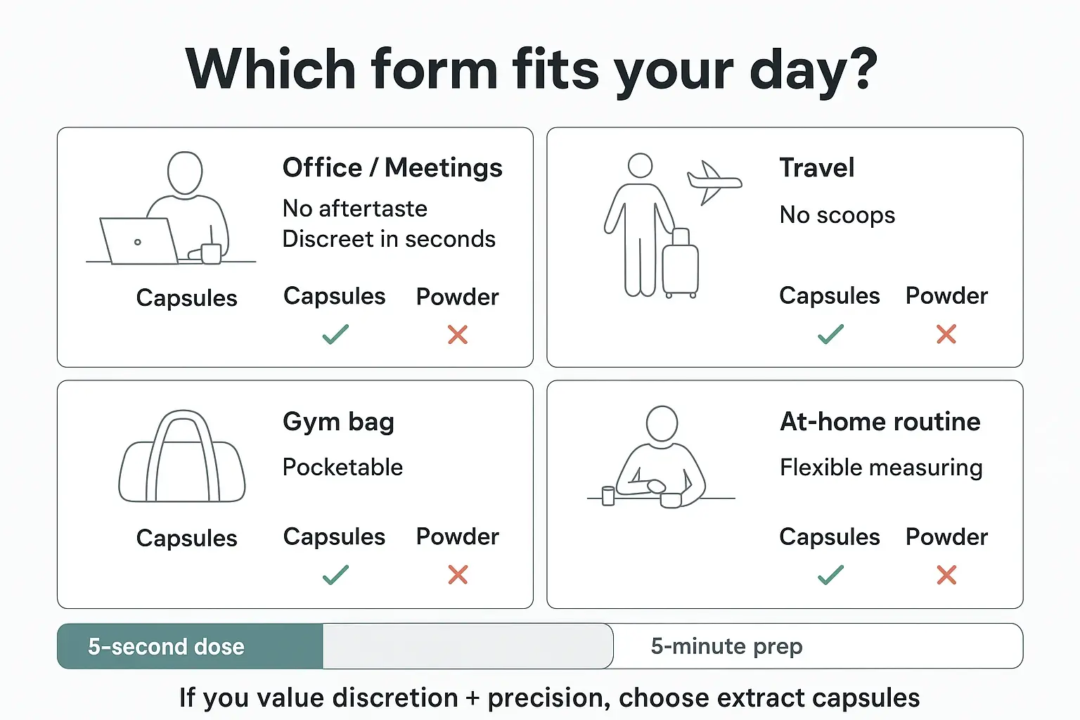 Use-case clarity beats generic pros/cons: if your week includes meetings, travel, or the gym, capsules minimize friction while keeping dosing predictable.