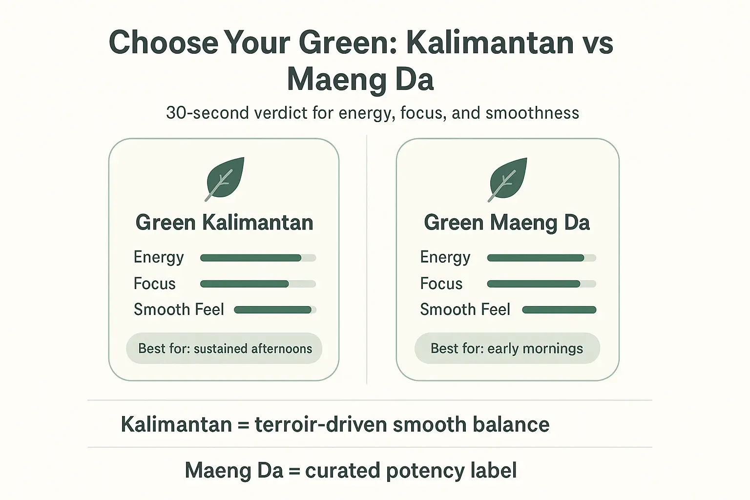 A fast, side-by-side verdict: Maeng Da trends toward sharper morning energy and focus, while Kalimantan leans smoother for longer, steadier sessions.