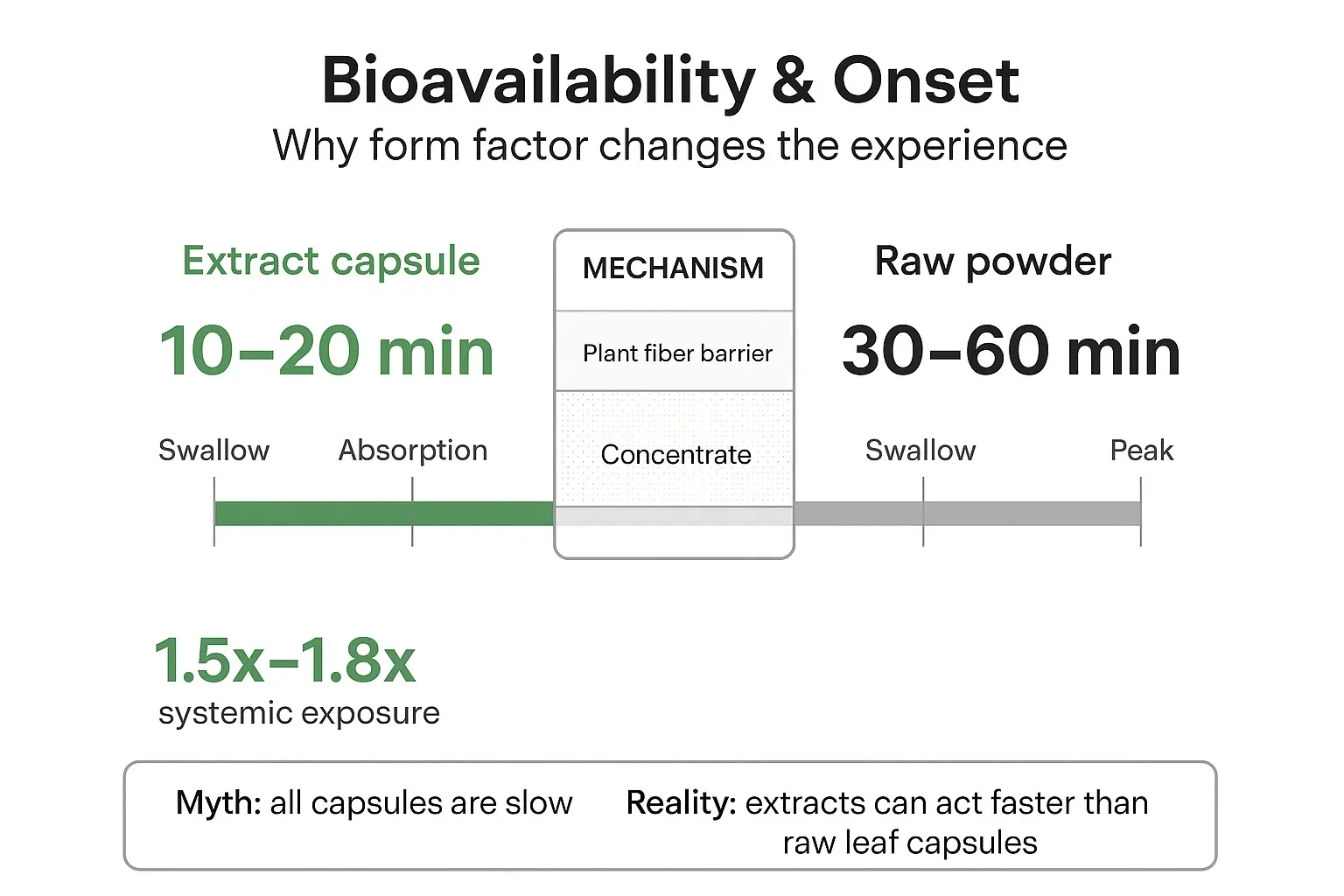 If speed and consistency matter, the science supports extracts: faster onset and higher systemic exposure—without the fiber-related drag that slows raw leaf forms.