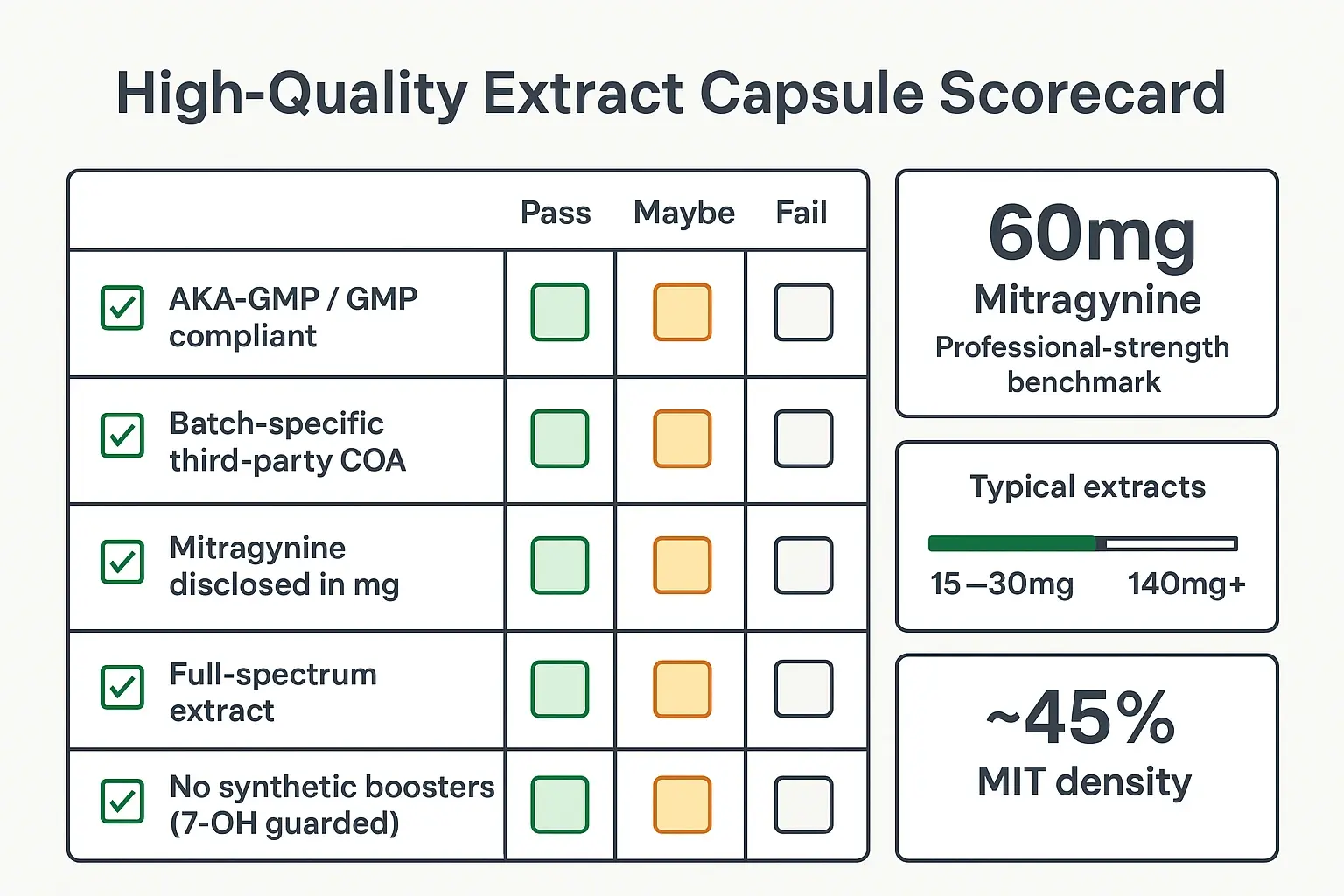 A buyer-ready scorecard that turns quality into a repeatable process—verify GMP, batch COAs, disclosed mg, full-spectrum integrity, and safe 7-OH practices against clear benchmarks.