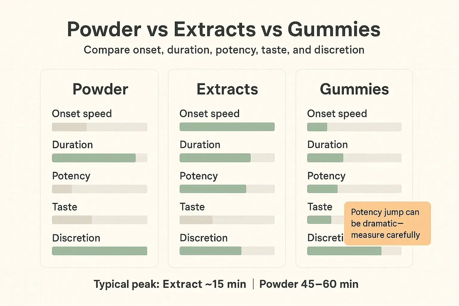 See the tradeoffs at a glance. This matrix helps you choose the right form based on what matters most—fast onset, longer duration, better taste, or discreet use.
