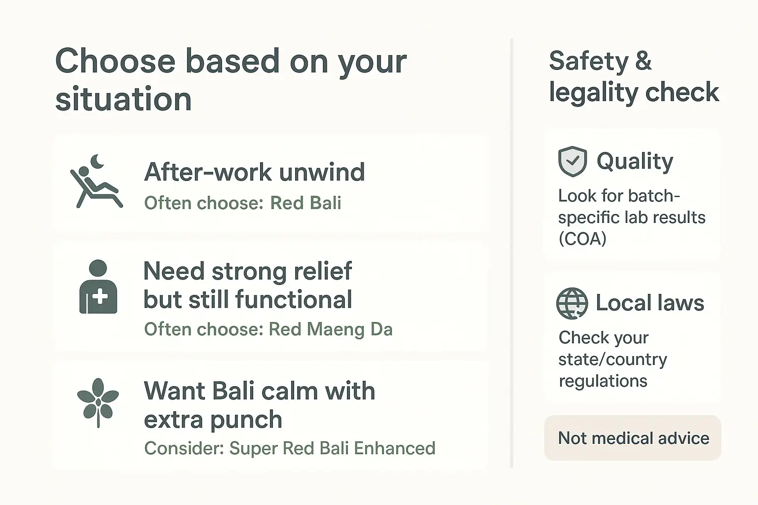 Match the strain to the moment, then verify the basics: start lower with enhanced blends, look for batch-specific lab results, and confirm local regulations before buying.