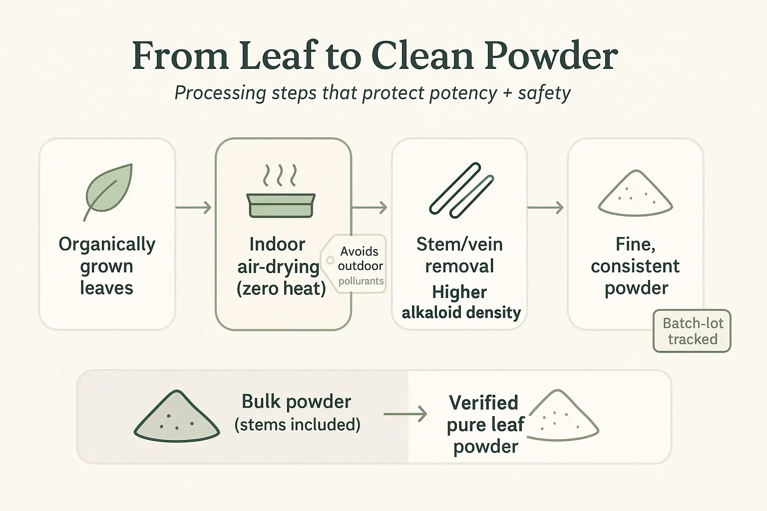 A clean COA starts earlier than the lab. These steps—especially zero-heat air-drying and stem removal—are the controllable predictors of quality.