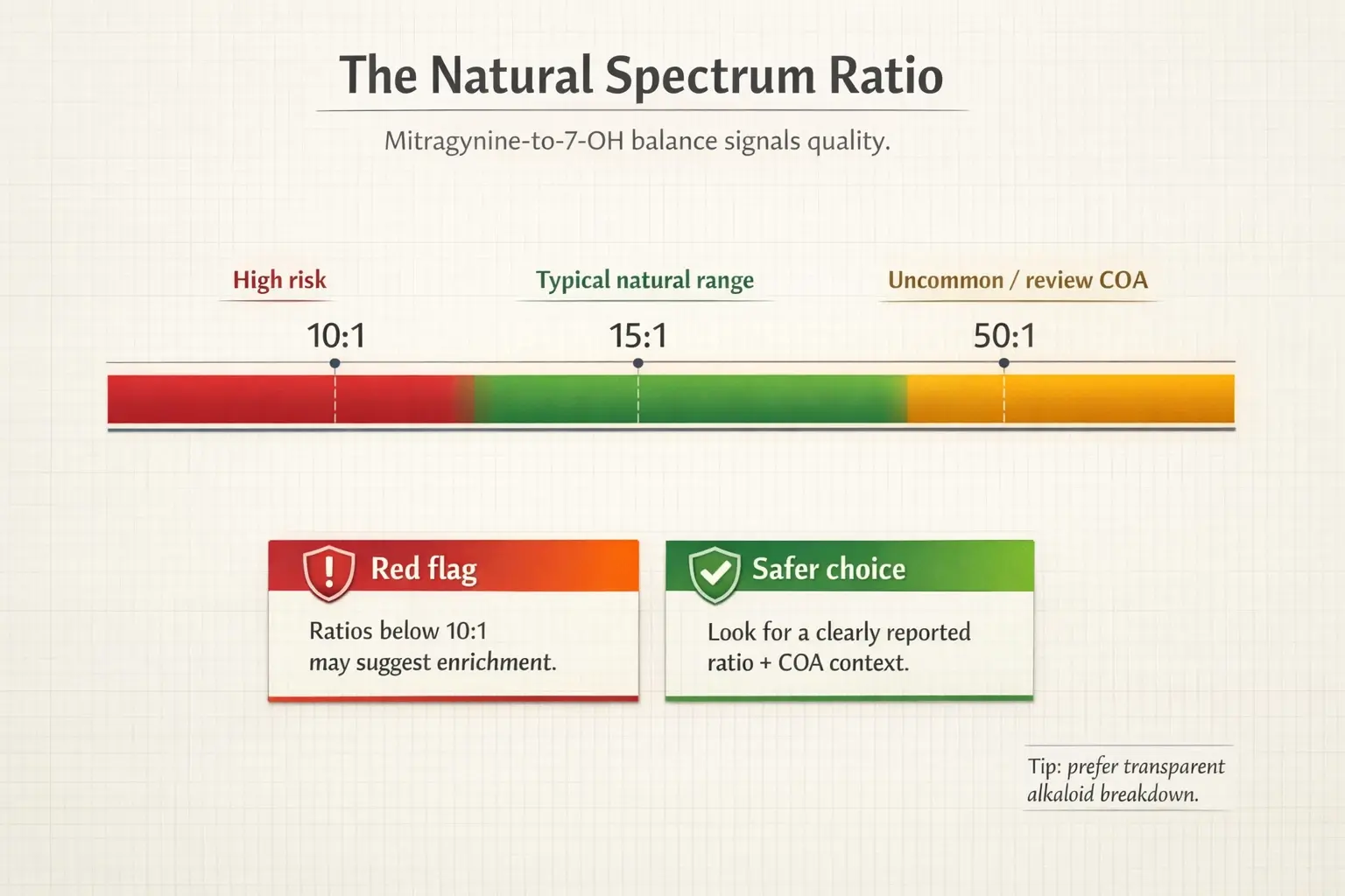 Potency isn’t the only metric. A transparent MIT-to-7-OH ratio helps you avoid enriched products and choose extracts that better align with “natural spectrum” expectations.