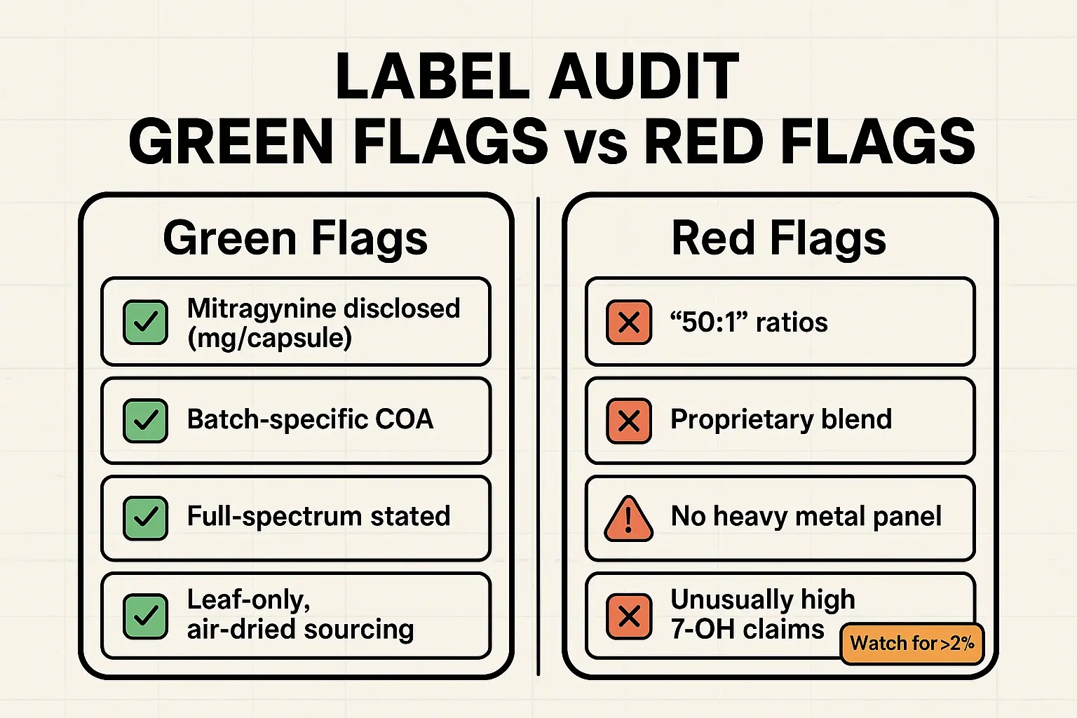 Use this label audit to spot transparency fast: look for disclosed mg and batch COAs, and treat ratio-only claims and elevated 7-OH as immediate red flags.