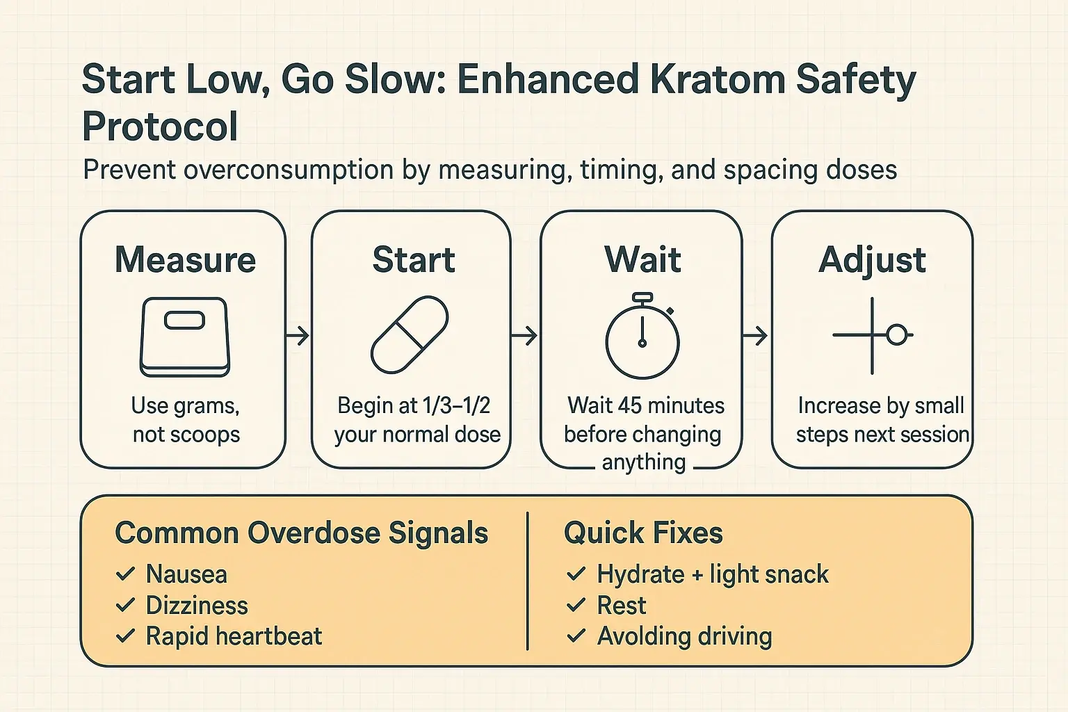 Enhanced products hit differently—measure in grams, start smaller than normal, wait for onset, and only adjust gradually to avoid the wobbles and nausea.