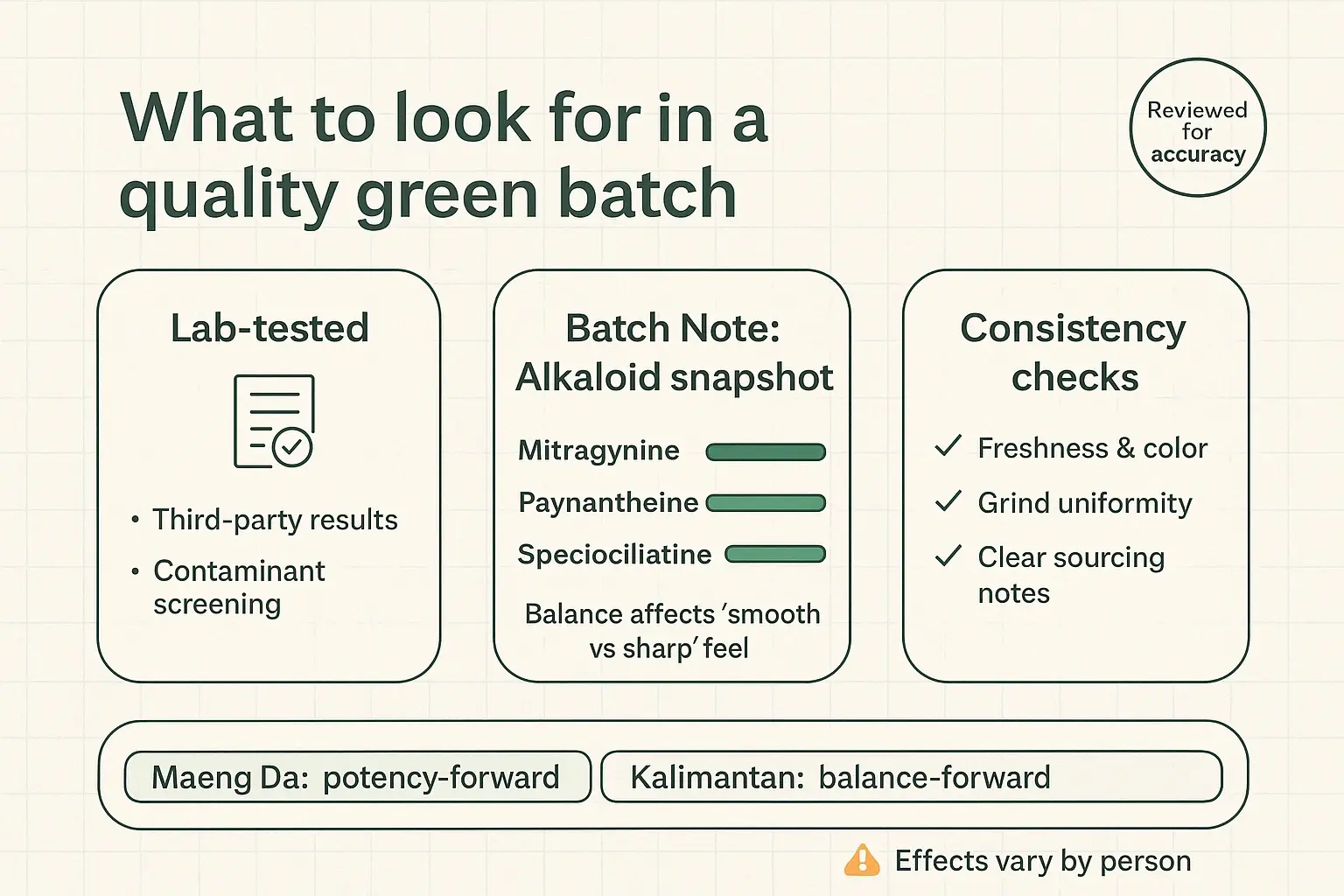 Evaluation tip: prioritize transparency. Lab testing plus clear batch notes (including secondary alkaloids) helps you choose between potency-forward Maeng Da and balance-forward Kalimantan with more confidence.