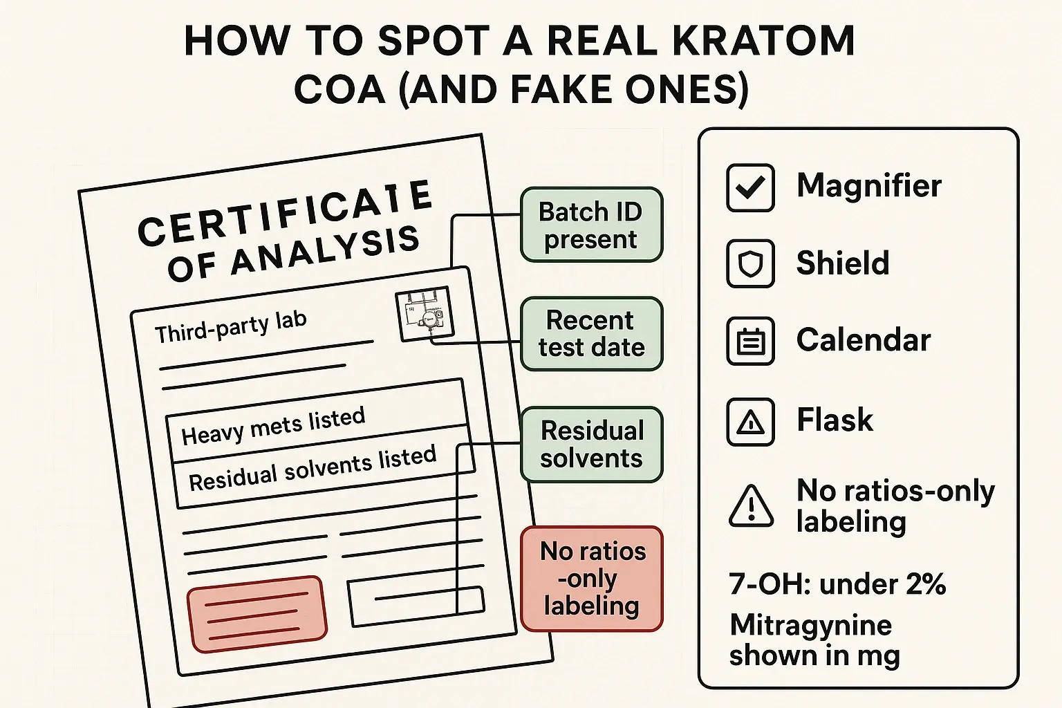 A COA-first checklist to confirm batch-specific testing, required contaminant panels, and key thresholds—so you can rule out ratio-only labeling and risky 7-OH levels.