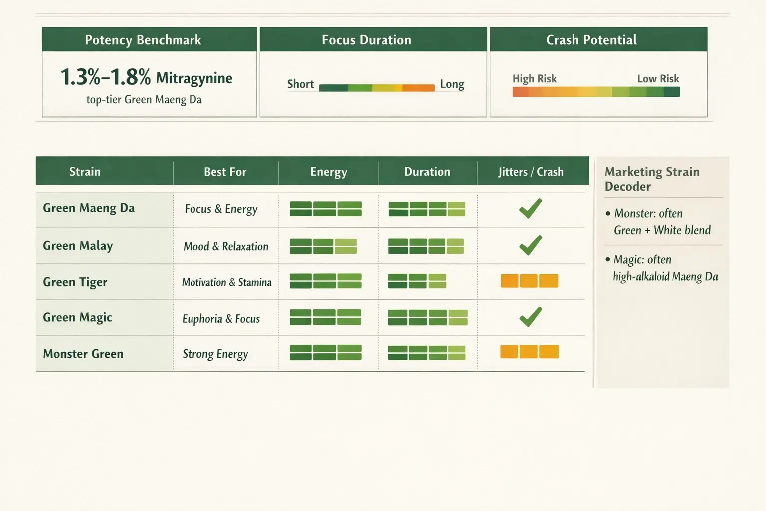 A fast, evidence-forward way to compare popular green strains and marketing blends—so you can prioritize clean energy, longer focus, and lower crash risk.
