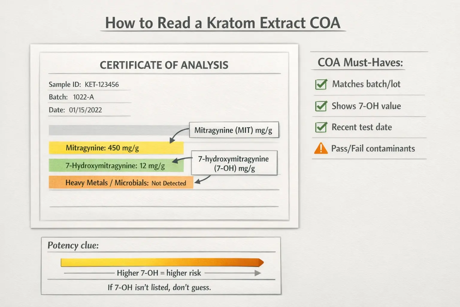 Before dosing, verify the data. A real COA should show MIT and 7-OH, match the batch number, and include pass/fail contaminant results—otherwise you’re guessing potency.
