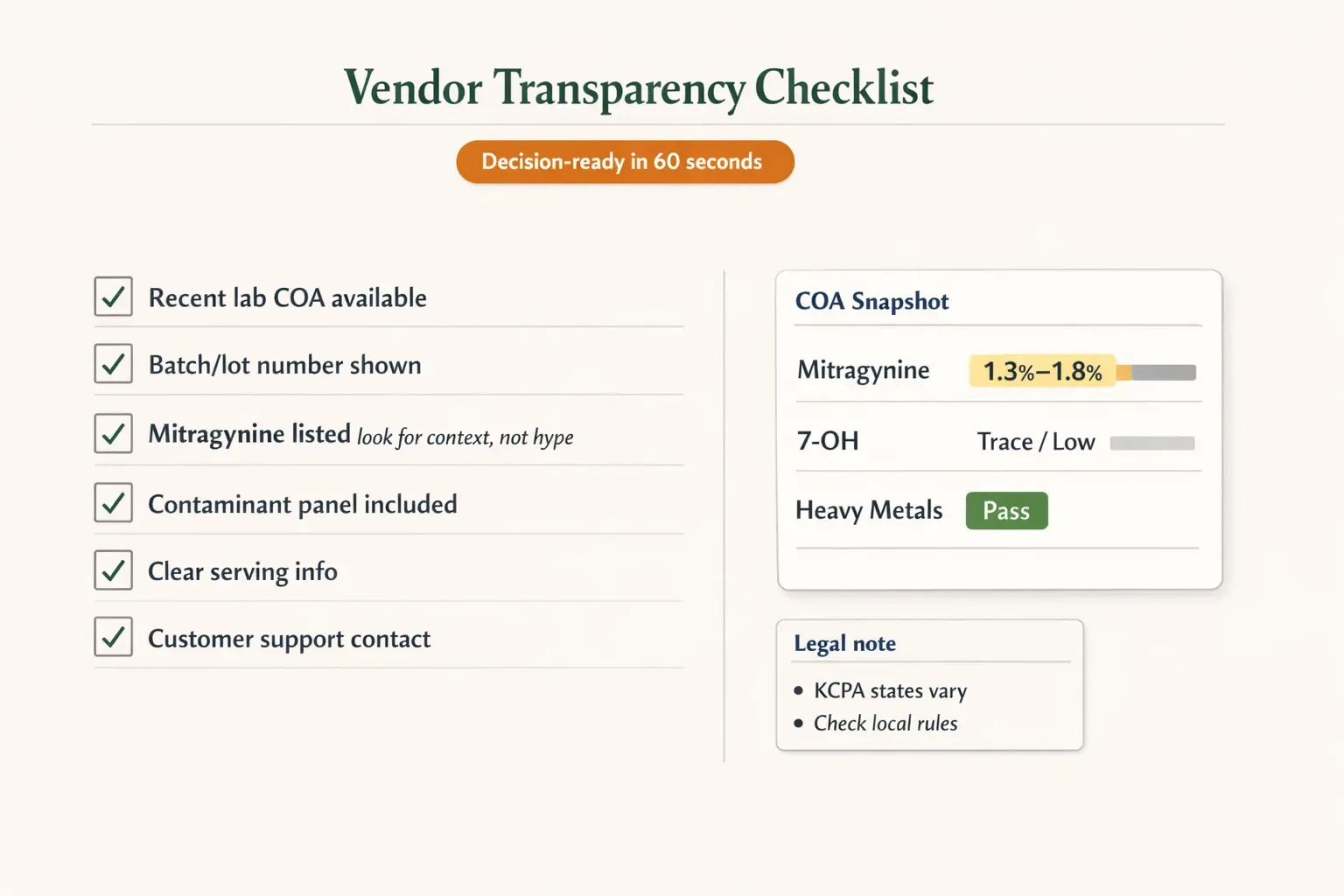 A quick checklist to verify quality before you buy—pairing a simple COA snapshot with the key fields that signal a transparent, lab-tested kratom vendor.