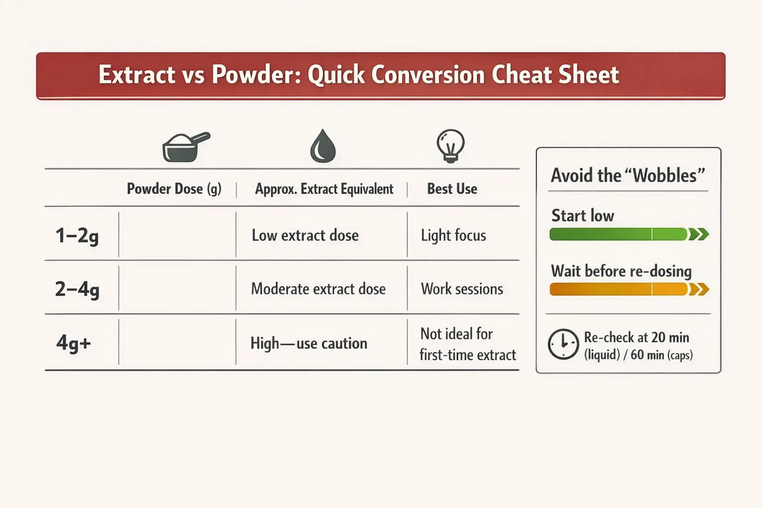 A practical conversion guide that prioritizes safety: match your goal (light focus vs deep work) to a conservative extract range and give it time before re-dosing.