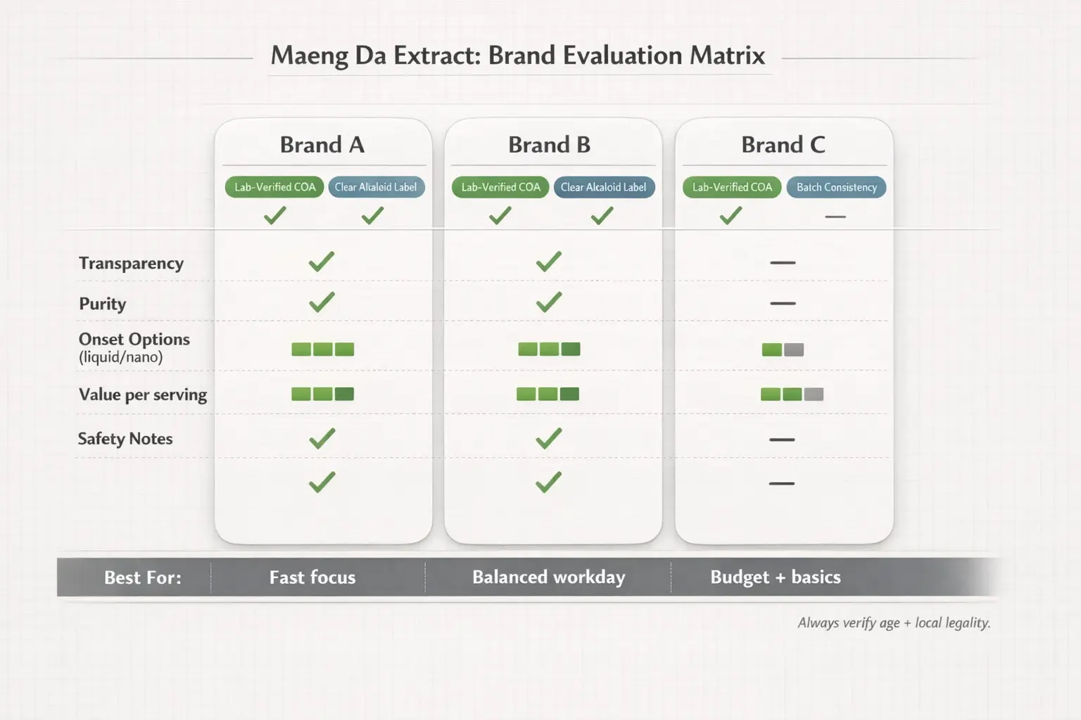 A decision-ready comparison: quickly spot which extract brands prioritize lab transparency, consistent alkaloids, and the onset format that fits your workday goals.
