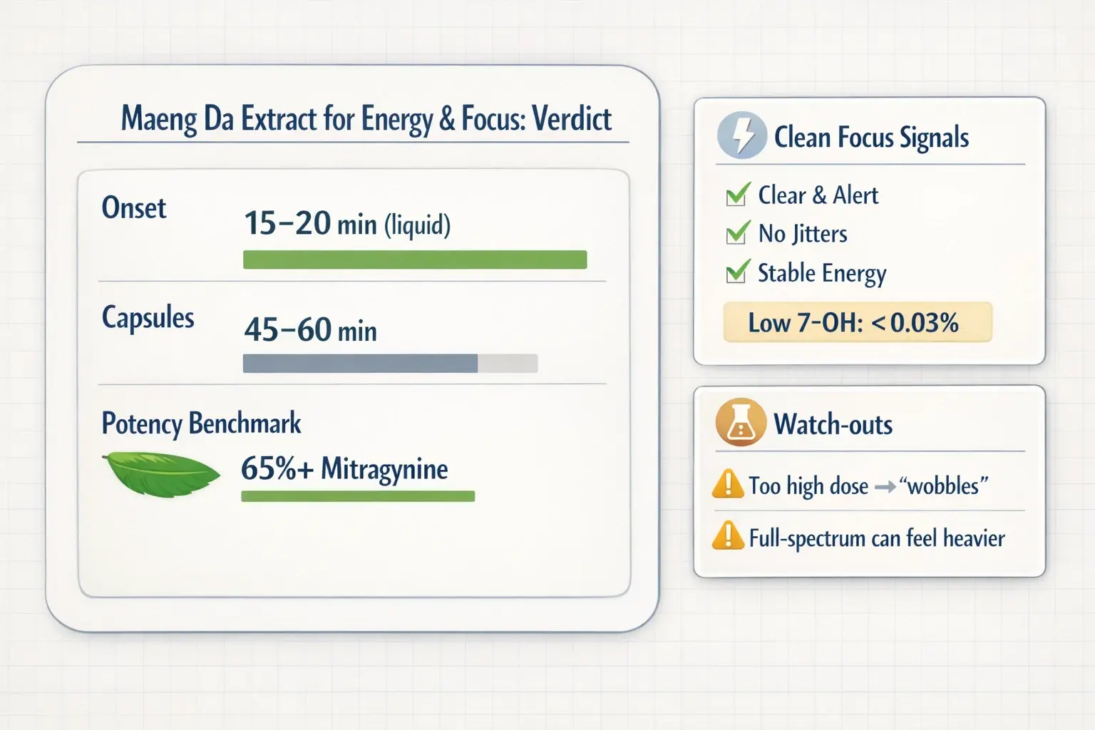 A quick-fit snapshot: what “clean energy” looks like in Maeng Da extract, how fast it hits by form factor, and the red flags that cause jitters or wobbles.