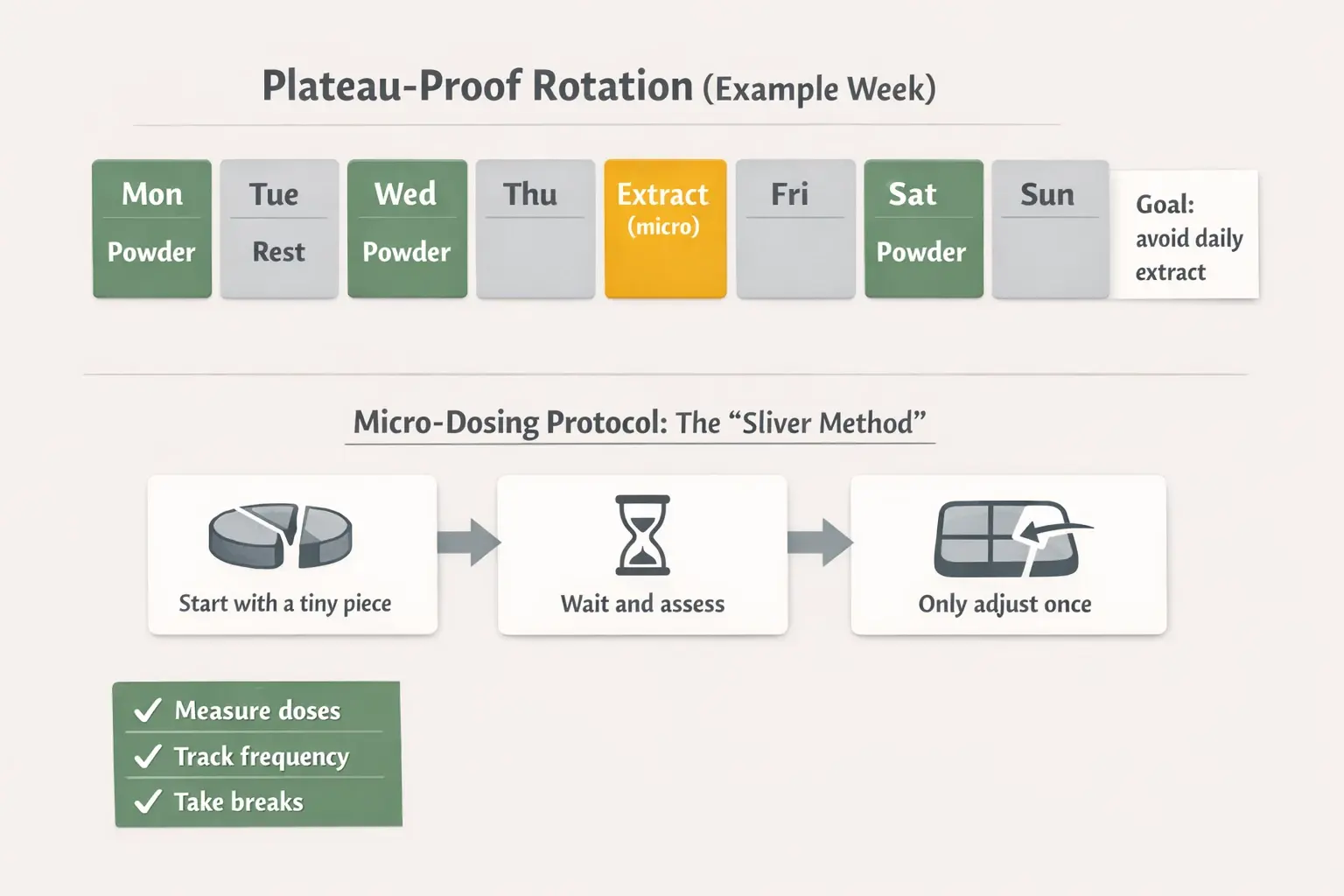 A structured plan beats guesswork. Use extracts sparingly, track frequency, and micro-dose with deliberate pauses to manage tolerance and reduce risk.