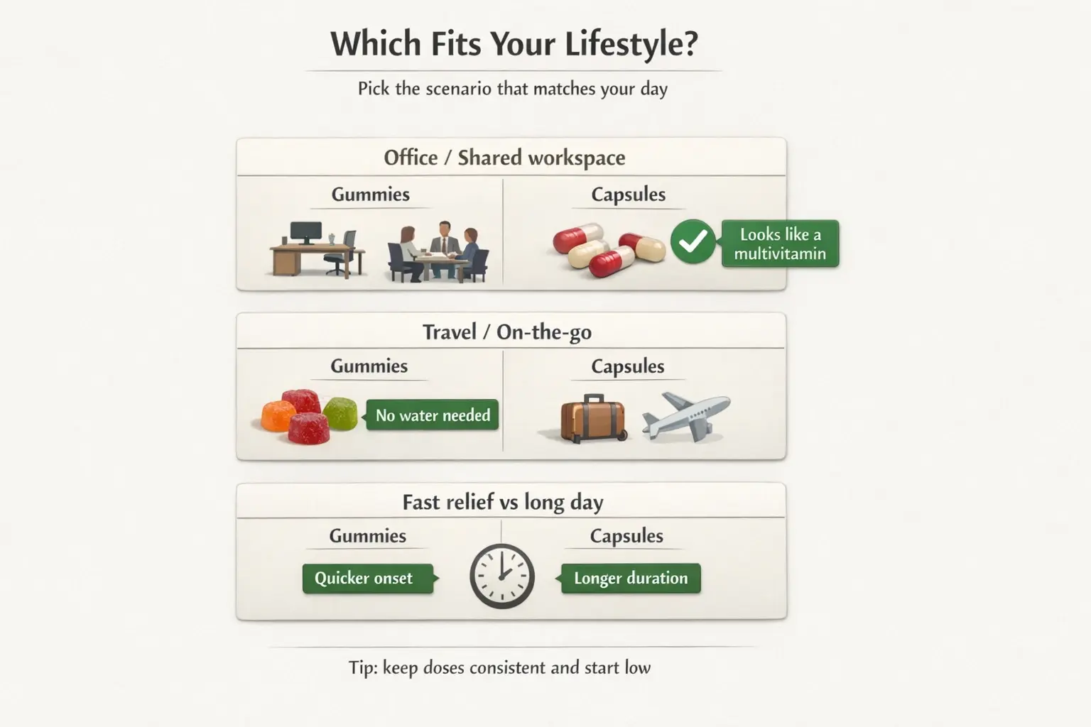 Use-case winners beat generic comparisons: capsules blend into office routines, gummies shine for travel, and the ‘fast vs long-lasting’ choice depends on your schedule.