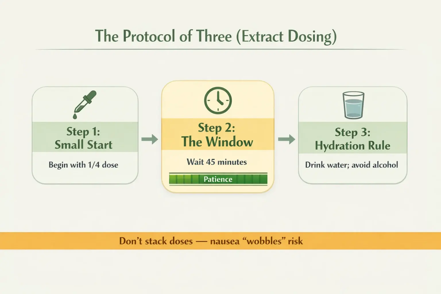 A simple dosing routine that prevents the most common extract mistake: taking more before the first dose fully peaks. Timing and hydration do the heavy lifting.