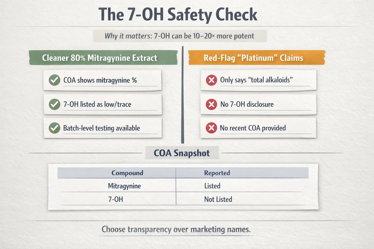 Not all “80%” claims mean the same thing. This checklist helps you screen for transparent, lab-backed extracts and avoid vague ‘total alkaloids’ marketing.