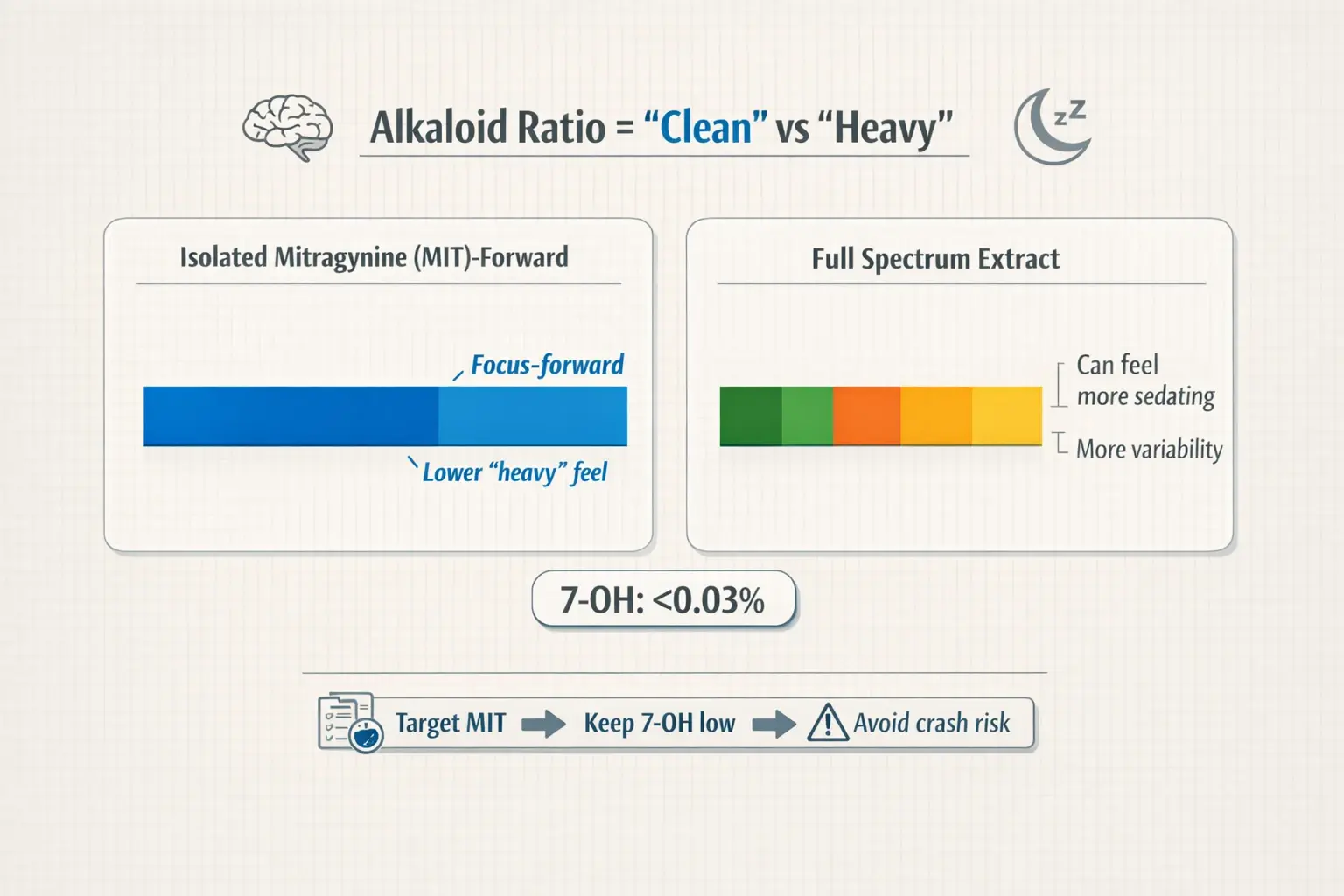 Not all “strong” extracts feel the same. This visual shows how MIT-forward profiles with low 7-OH tend to support cleaner focus, while broader profiles can feel heavier.