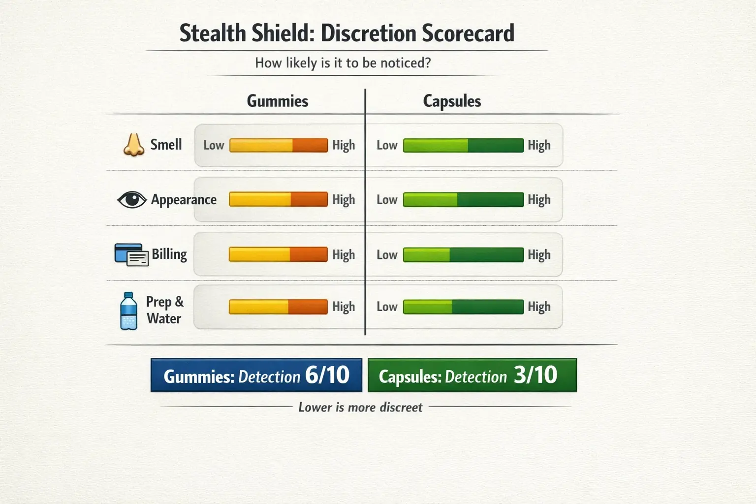 A quick discretion matrix: compare gummies and capsules on the four ‘detection’ factors people actually worry about—especially billing and smell—before you choose a format.